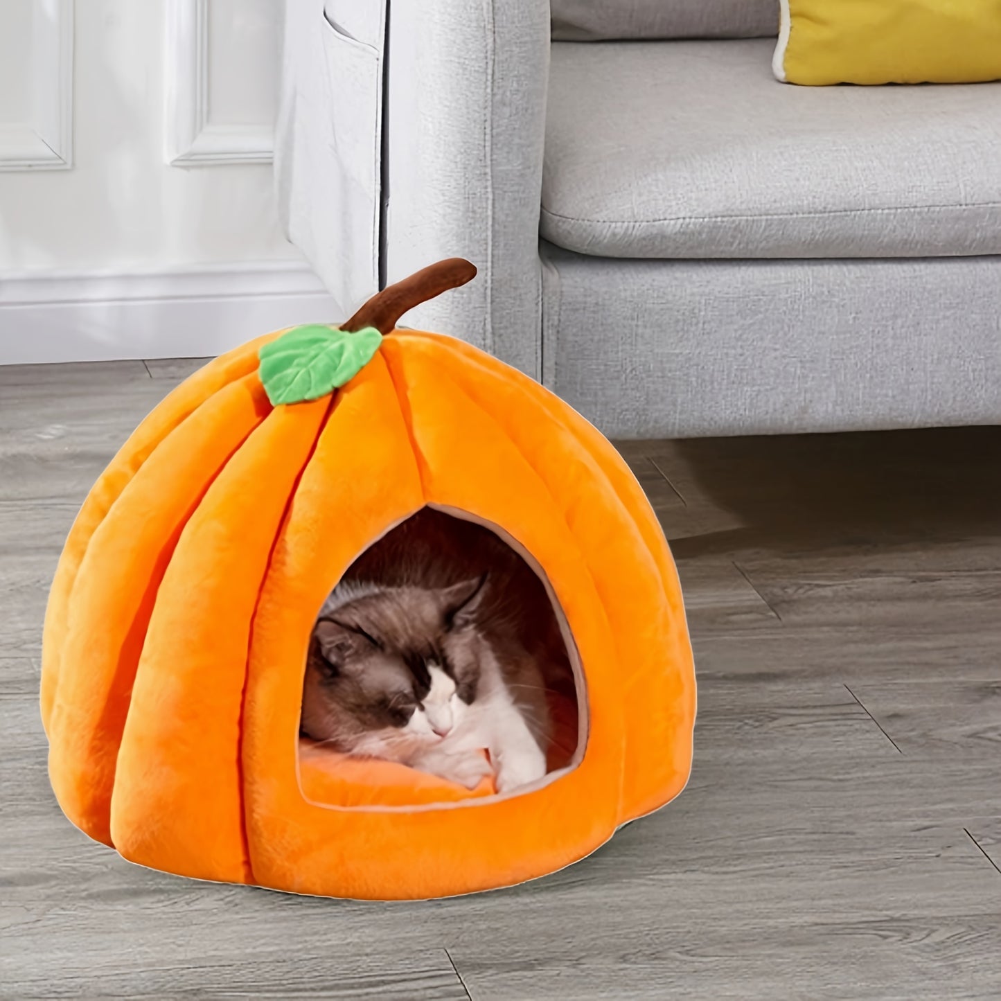 Lit pour chat en forme de citrouille – Nid d’intérieur douillet avec coussin amovible