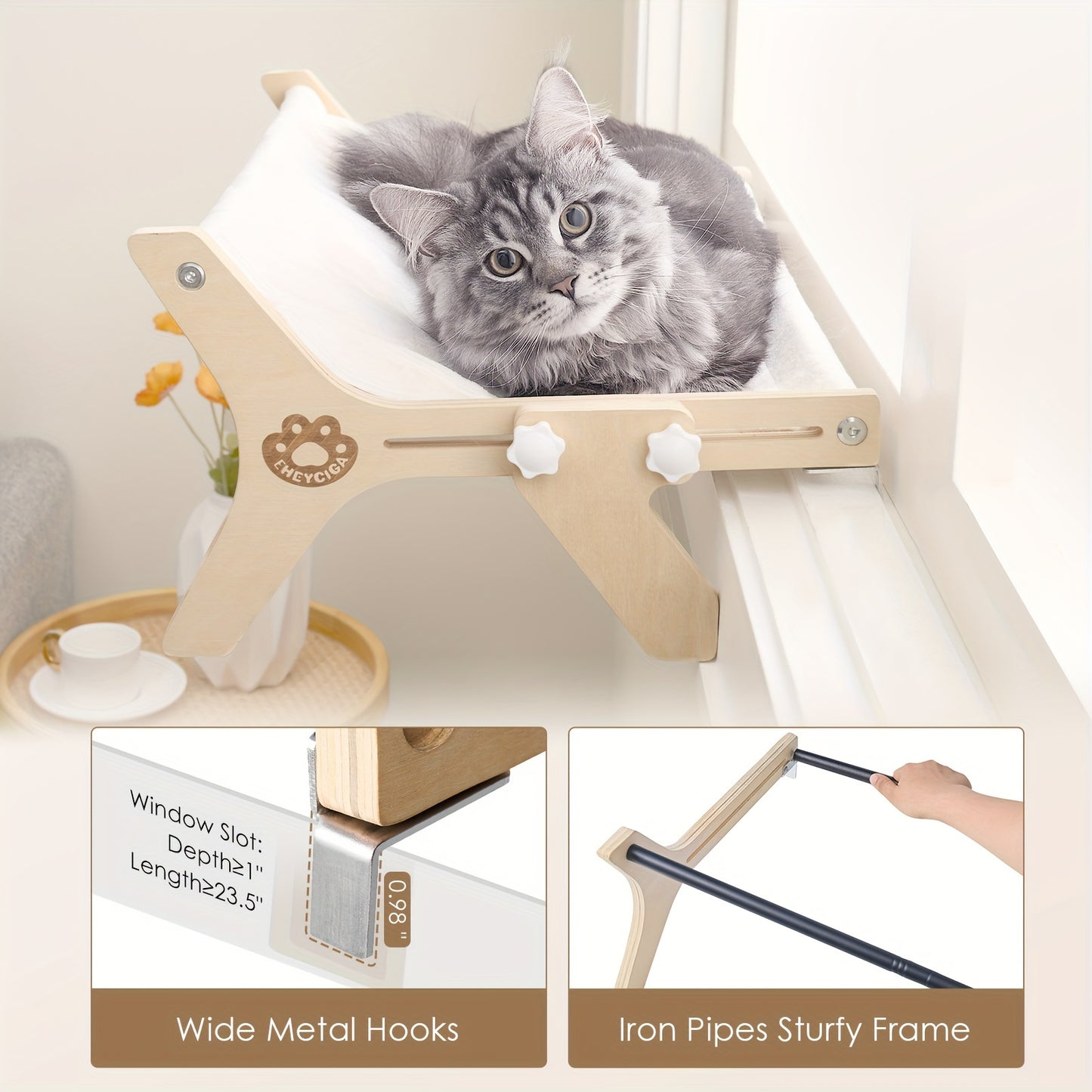 Adjustable Cat Window Perch – Hardwood & Metal Frame for Indoor Cats