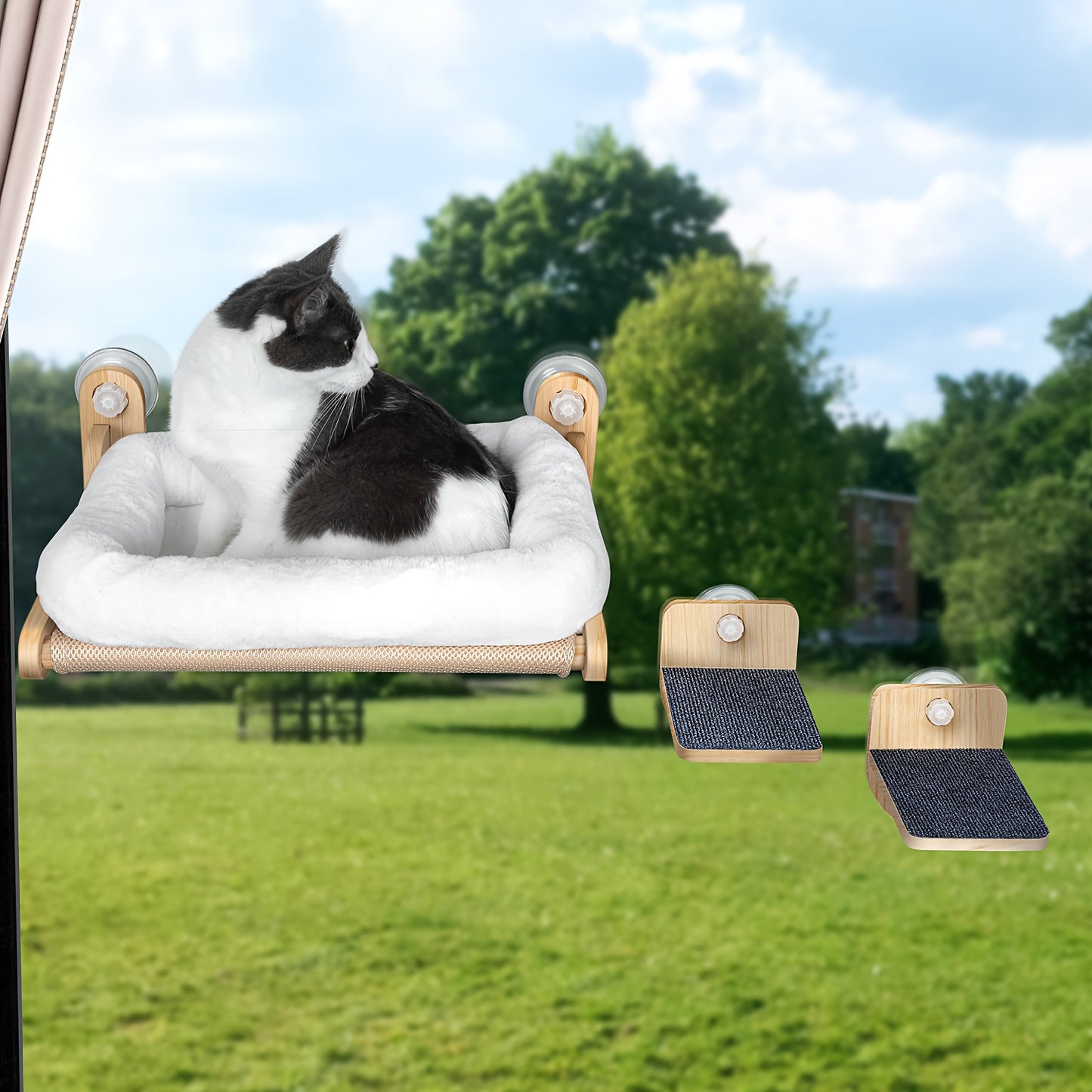 Multi-Level Cat Window Perch – Wooden, with Hammock, Steps & Seats