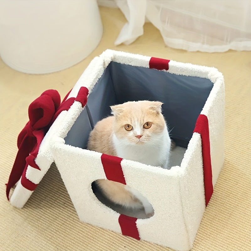 White Christmas Cat House – Cozy Gift Box Design, Easy Assembly