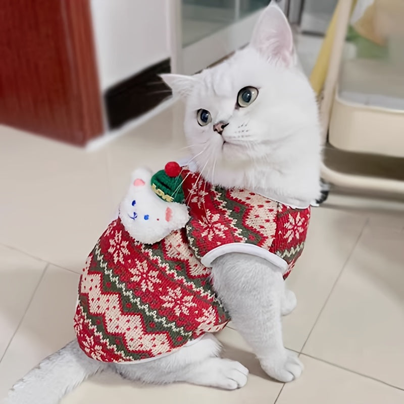 Christmas Dog Sweater with 3D Bear Design – Warm & Festive