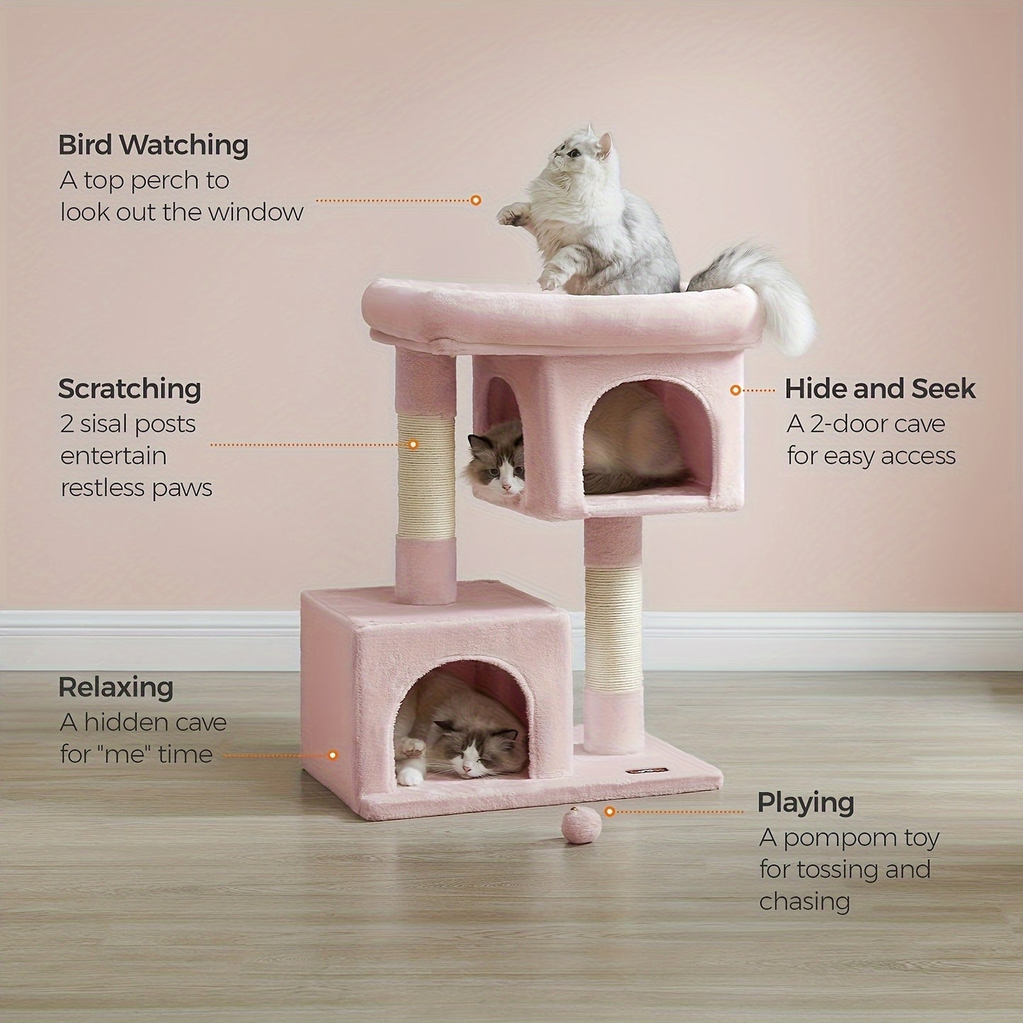 Feandrea 33-Inch Cat Tree – Tower with Perch, Caves & Scratching Post