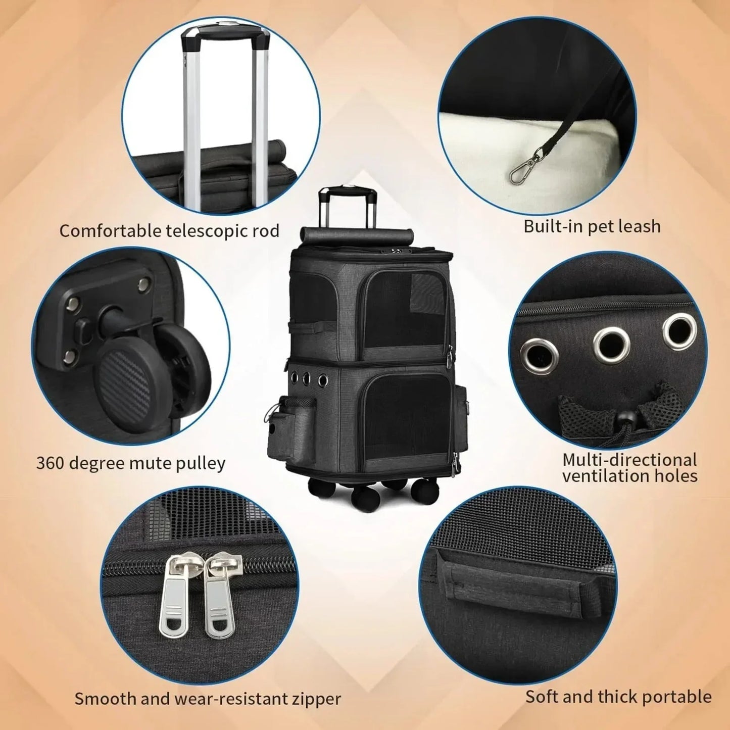 Double-Compartment Cat Backpack with Wheels – Spacious Pet Carrier