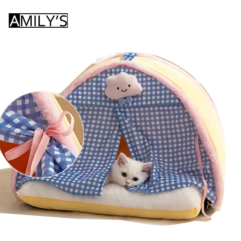 Autumn & Winter Cat Bed – Fur Tent House with Pad