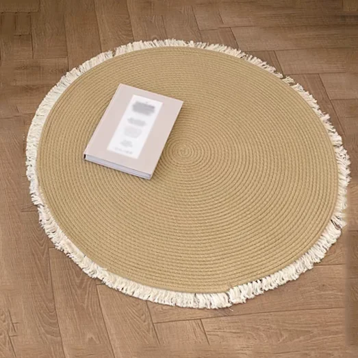 Handmade Rattan Woven Rug – Vintage Jute Round Carpet with Tassel
