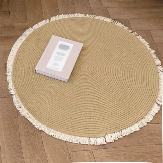 Handmade Rattan Woven Rug – Vintage Jute Round Carpet with Tassel
