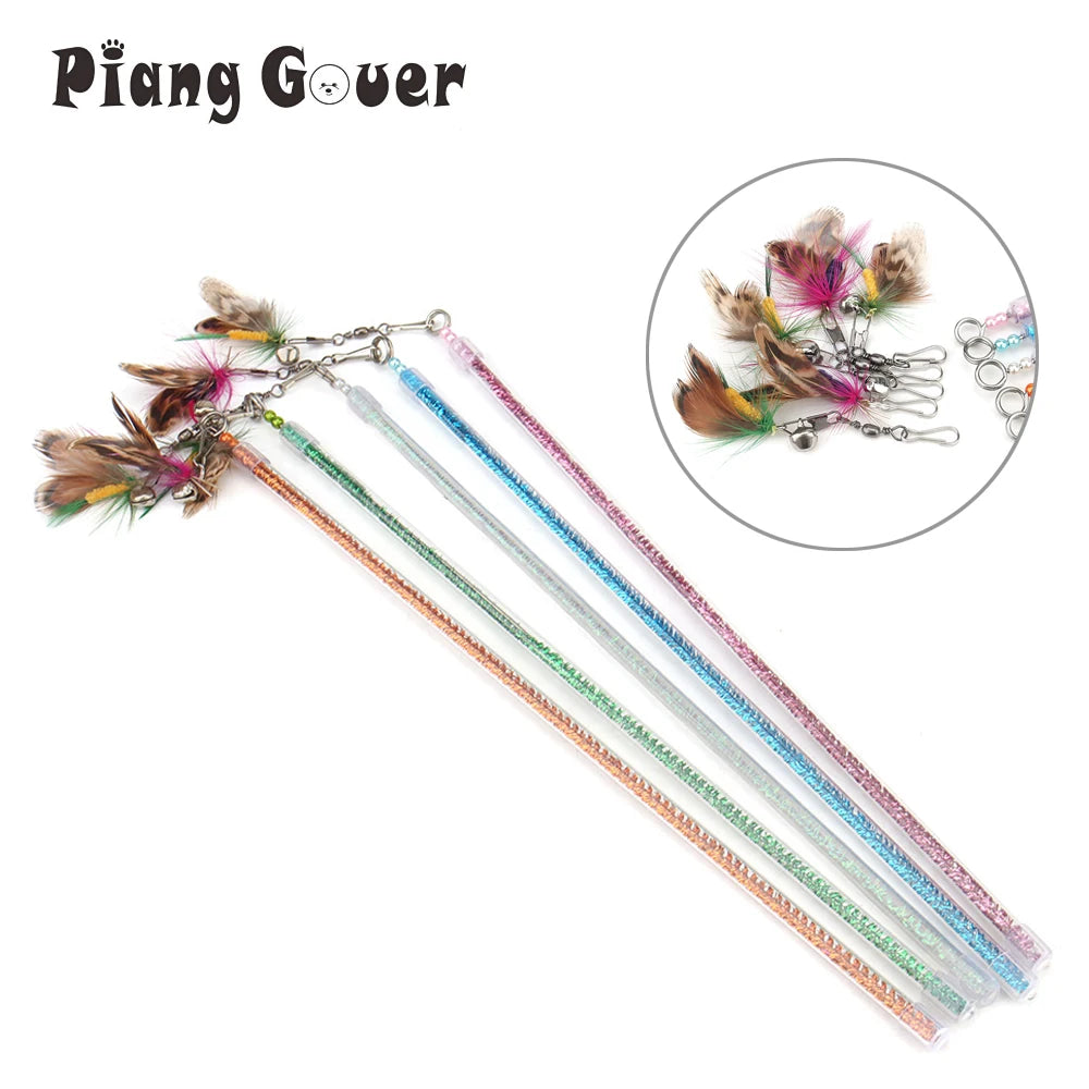 5pcs Random Bug Cat Teaser Toys – Feather Rod & Stick
