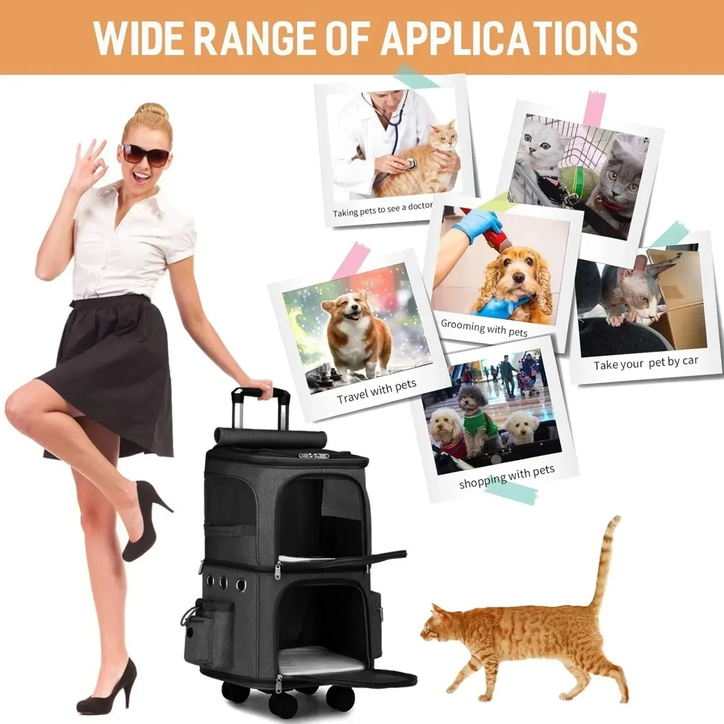 Double-Compartment Cat Backpack with Wheels – Spacious Pet Carrier