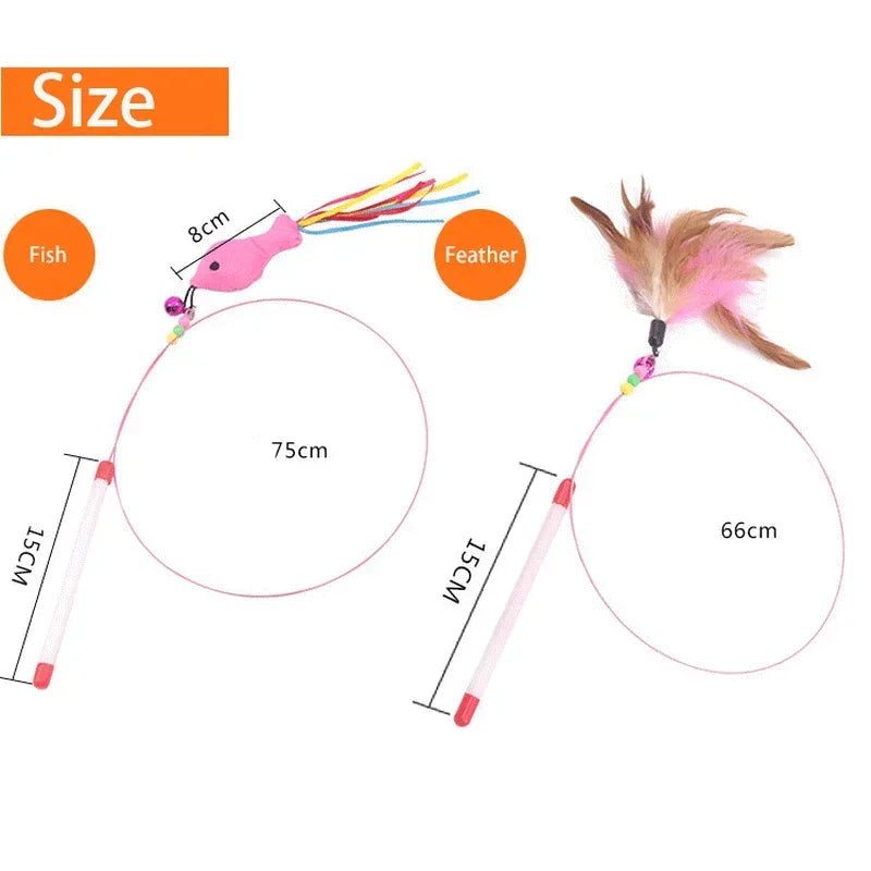 Interactive Feather Bell Wand – Fish-Shaped Cat Teaser with Steel Wire