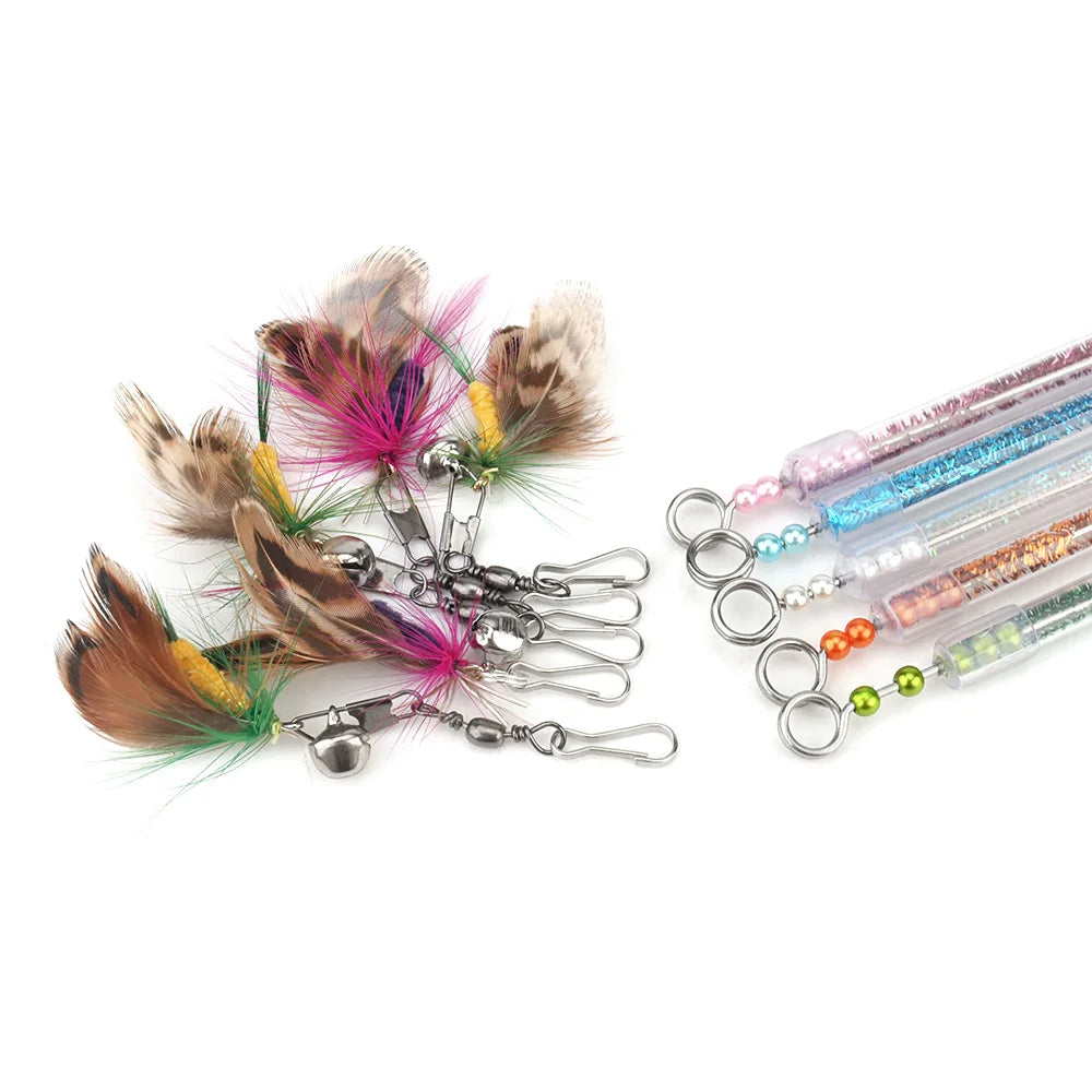 5pcs Random Bug Cat Teaser Toys – Feather Rod & Stick