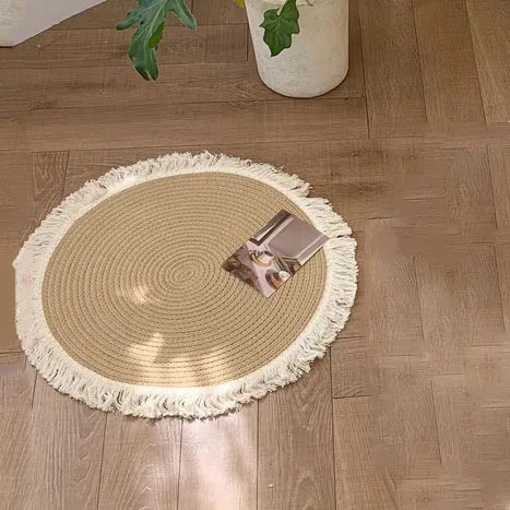 Handmade Rattan Woven Rug – Vintage Jute Round Carpet with Tassel