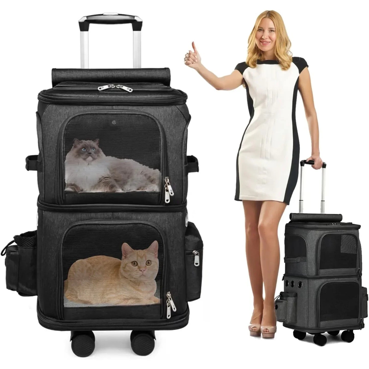 Double-Compartment Cat Backpack with Wheels – Spacious Pet Carrier