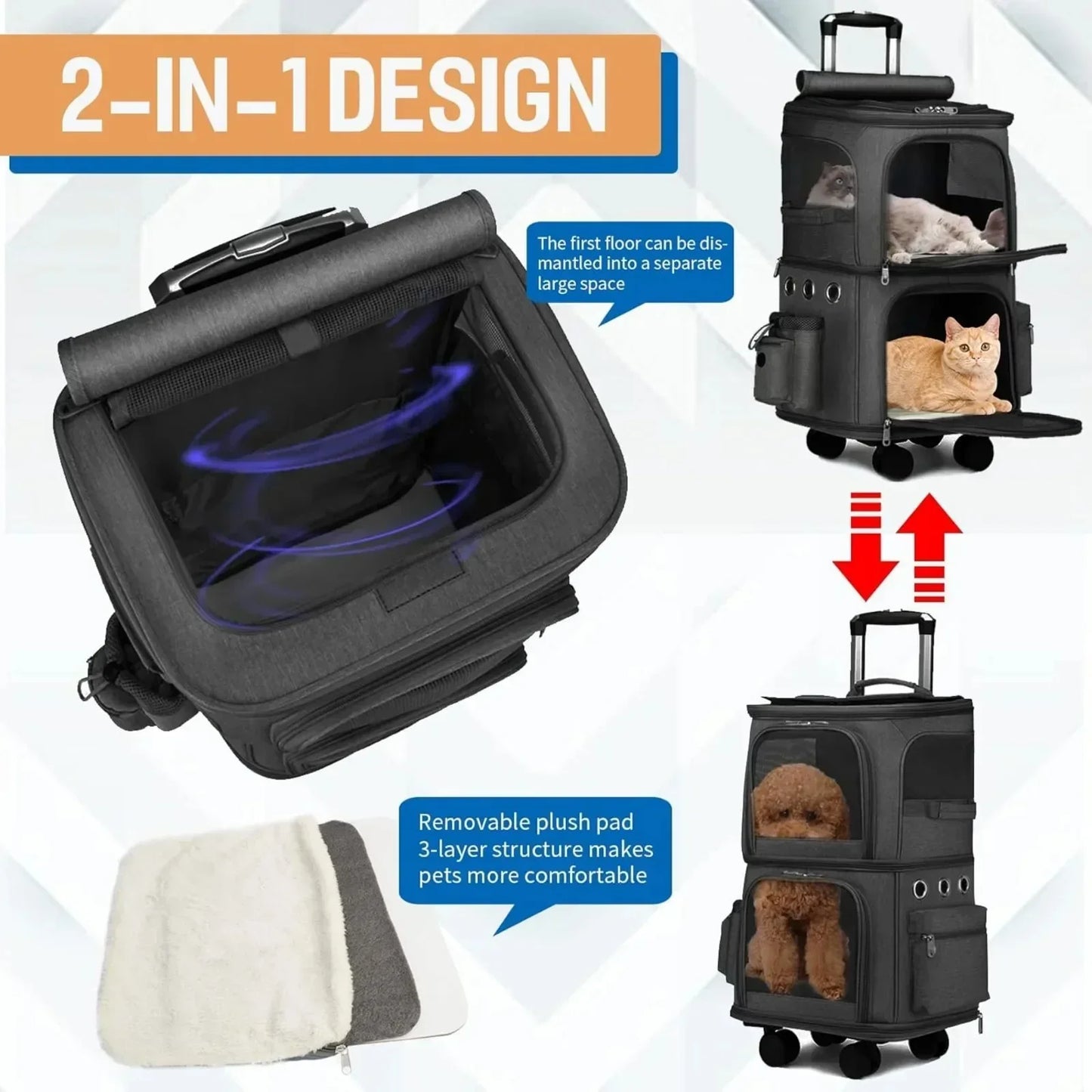 Double-Compartment Cat Backpack with Wheels – Spacious Pet Carrier