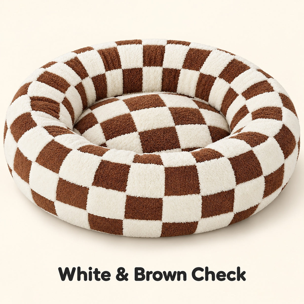 White and Brown Check plush round pet bed