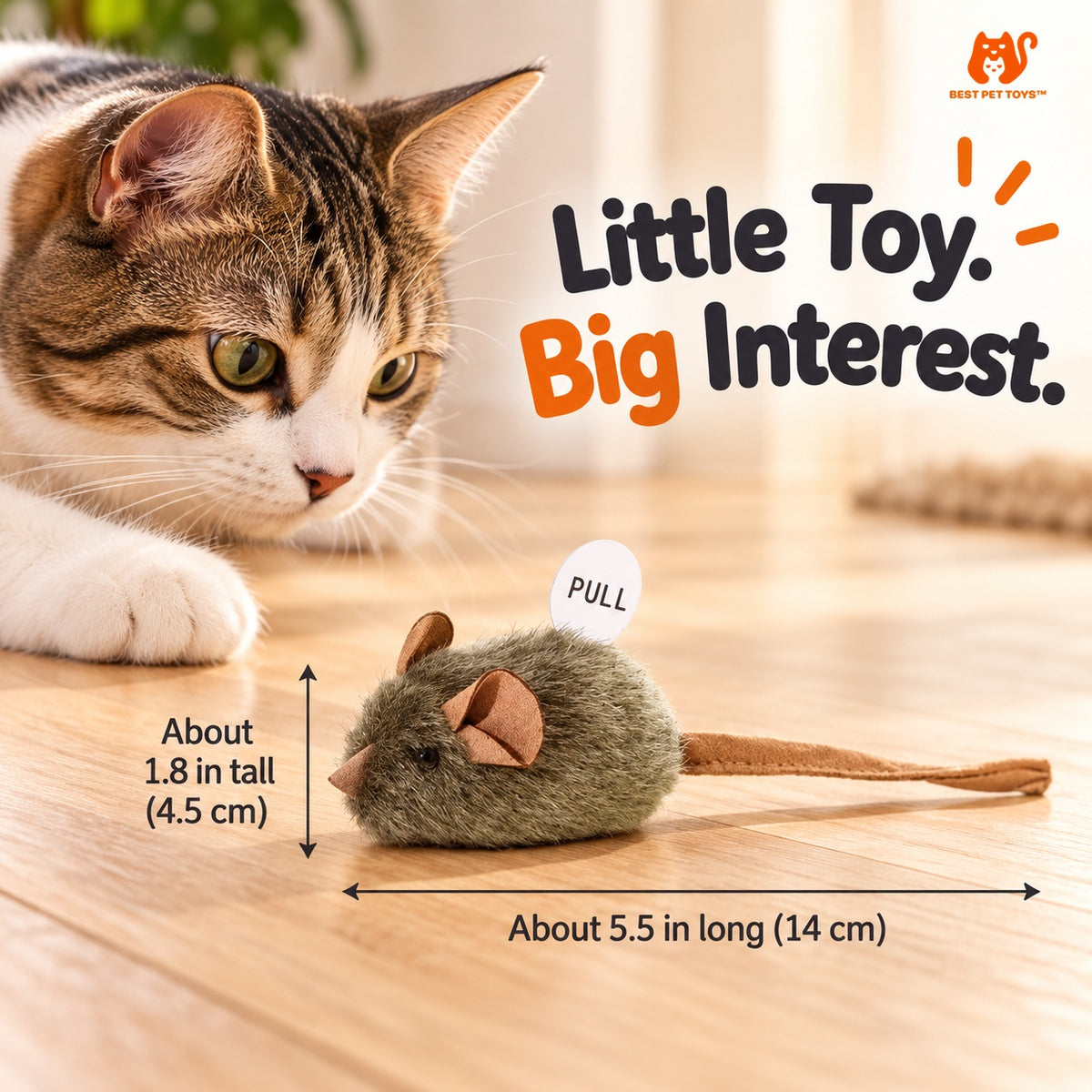 One mouse cat toy is about 5.5 inches long including tail and 1.8 inches tall