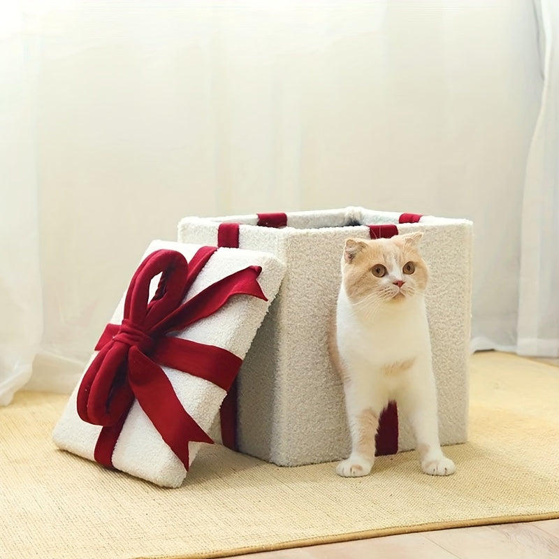 White Christmas Cat House – Cozy Gift Box Design, Easy Assembly