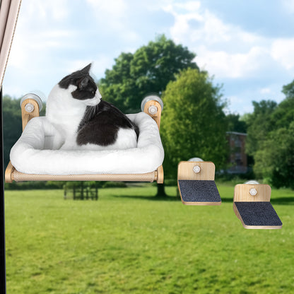 Multi-Level Cat Window Perch – Wooden, with Hammock, Steps & Seats