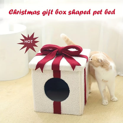 White Christmas Cat House – Cozy Gift Box Design, Easy Assembly