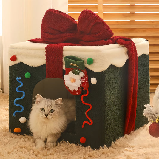 Christmas-Themed Cat House – Warm Festive Indoor Bed with Toy