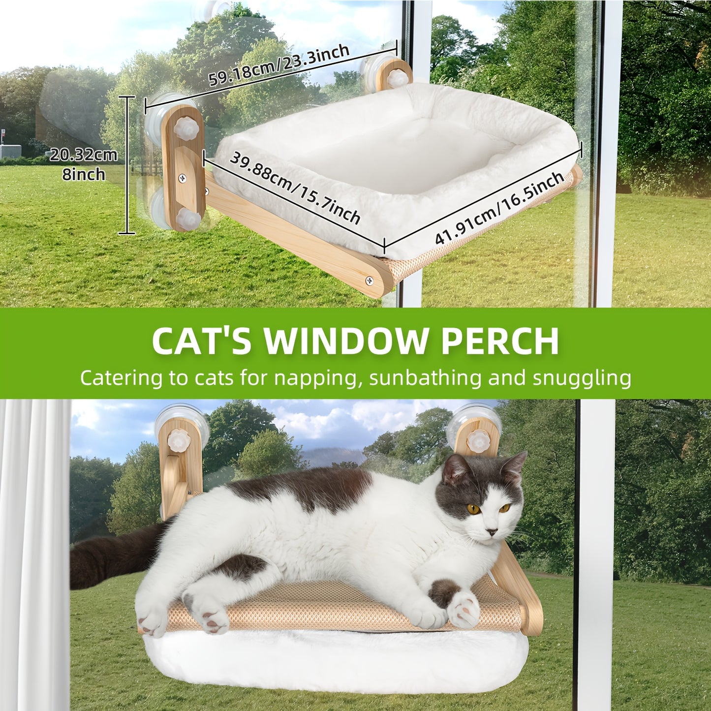 Multi-Level Cat Window Perch – Wooden, with Hammock, Steps & Seats