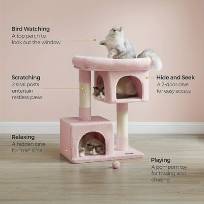 Feandrea 33-Inch Cat Tree – Tower with Perch, Caves & Scratching Post