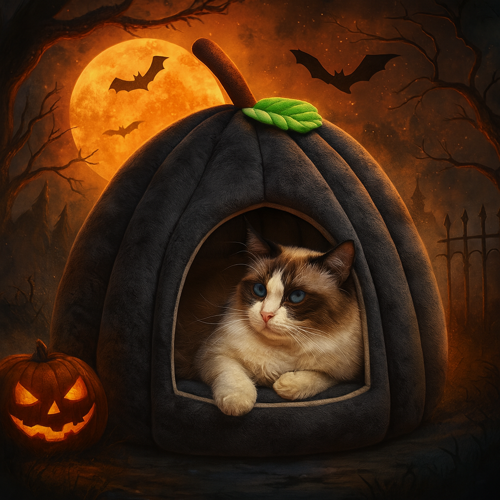 Spooky Pumpkin Cat Cave – Cozy Halloween Nest for Cats & Small Dogs