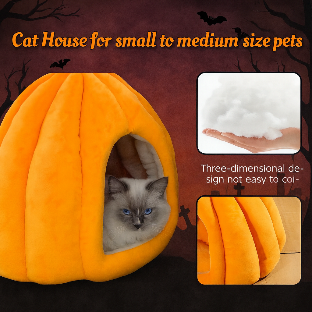 Spooky Pumpkin Cat Cave – Cozy Halloween Nest for Cats & Small Dogs