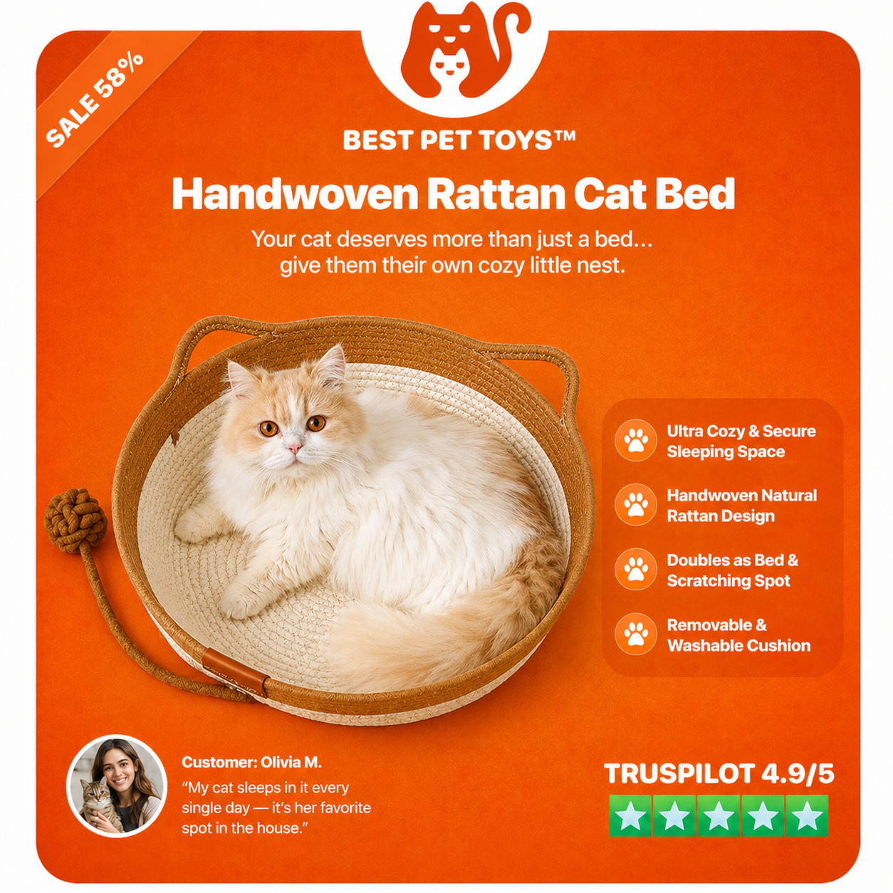 Best Pet Toys™ Handwoven Rattan Cat Bed