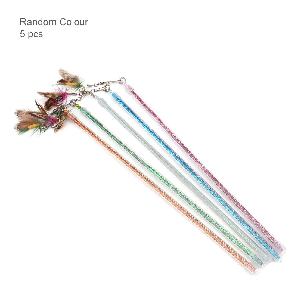 5pcs Random Bug Cat Teaser Toys – Feather Rod & Stick