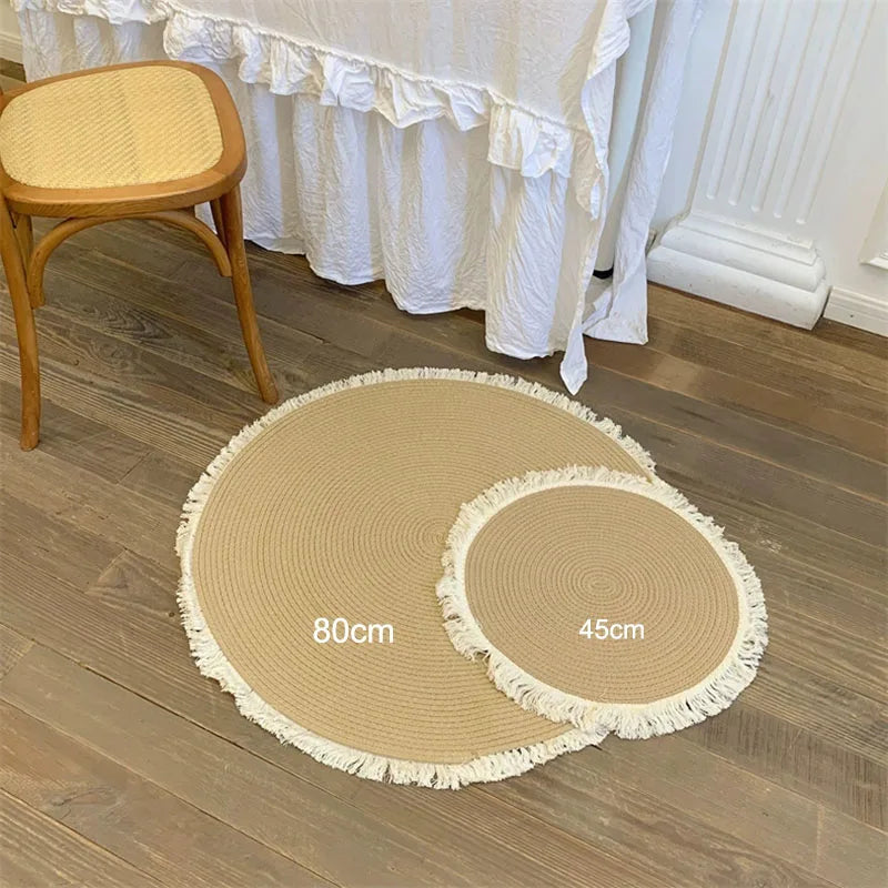Handmade Rattan Woven Rug – Vintage Jute Round Carpet with Tassel