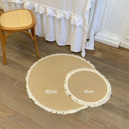 Handmade Rattan Woven Rug – Vintage Jute Round Carpet with Tassel