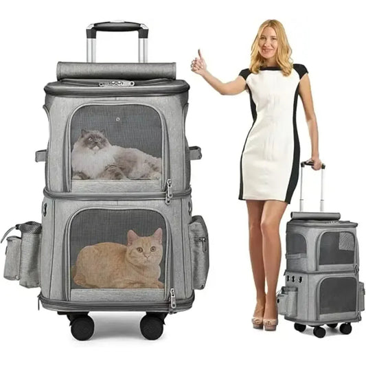 Double-Compartment Cat Backpack with Wheels – Spacious Pet Carrier
