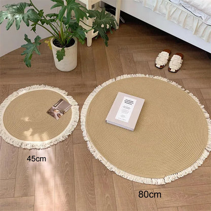 Handmade Rattan Woven Rug – Vintage Jute Round Carpet with Tassel