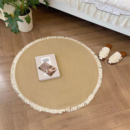Handmade Rattan Woven Rug – Vintage Jute Round Carpet with Tassel