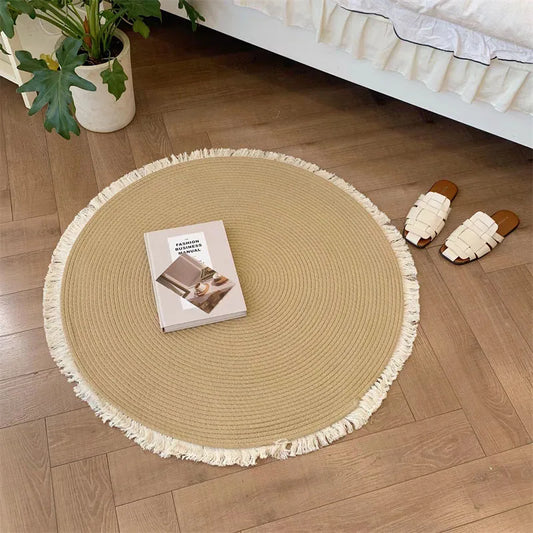Handmade Rattan Woven Rug – Vintage Jute Round Carpet with Tassel