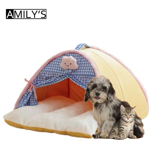 Autumn & Winter Cat Bed – Fur Tent House with Pad