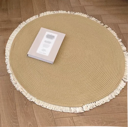 Handmade Rattan Woven Rug – Vintage Jute Round Carpet with Tassel