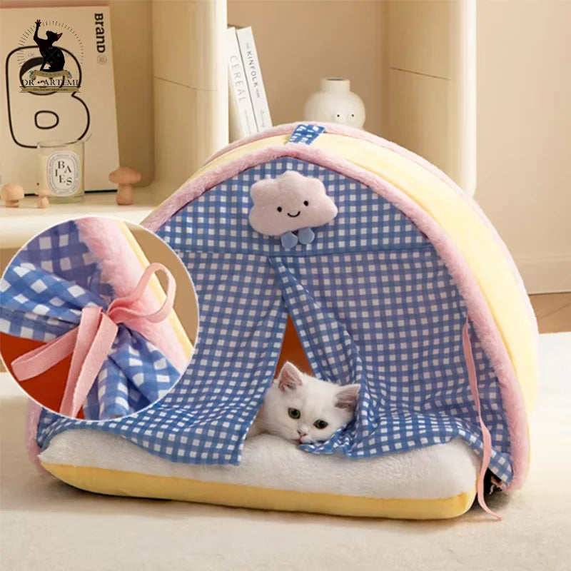 Autumn & Winter Cat Bed – Fur Tent House with Pad