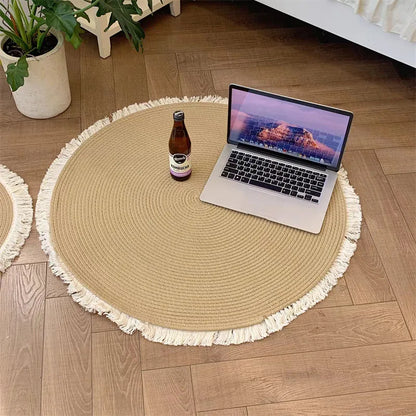 Handmade Rattan Woven Rug – Vintage Jute Round Carpet with Tassel