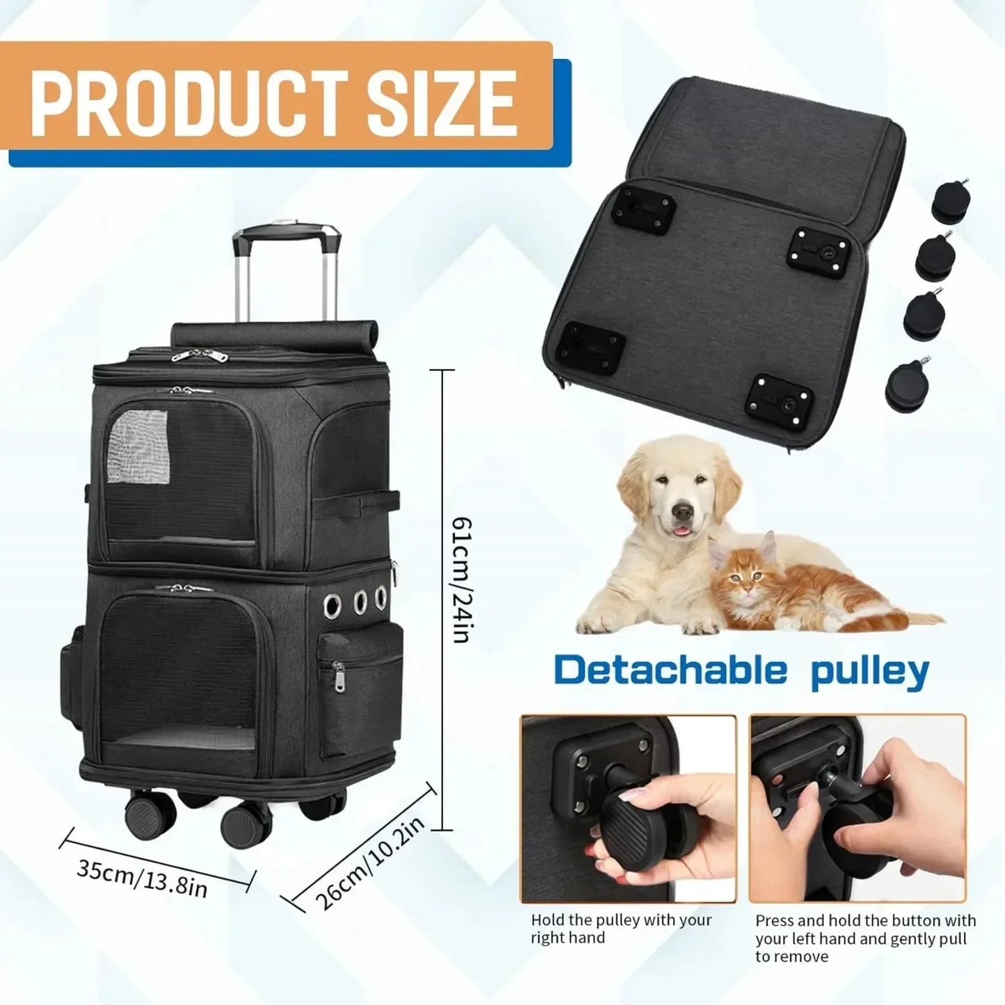 Double-Compartment Cat Backpack with Wheels – Spacious Pet Carrier