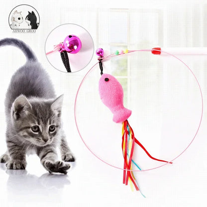 Interactive Feather Bell Wand – Fish-Shaped Cat Teaser with Steel Wire