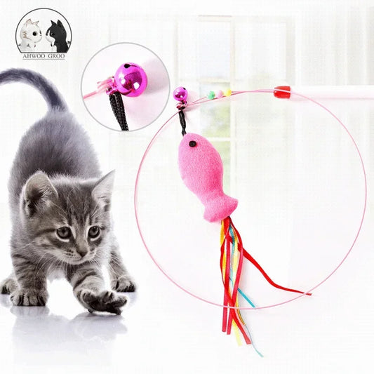 Interactive Feather Bell Wand – Fish-Shaped Cat Teaser with Steel Wire