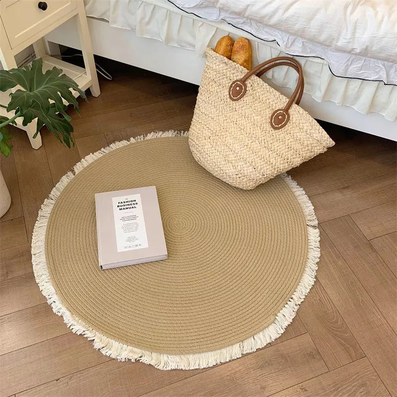 Handmade Rattan Woven Rug – Vintage Jute Round Carpet with Tassel
