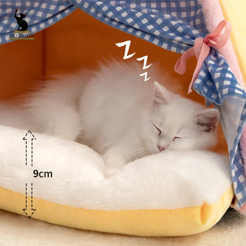 Autumn & Winter Cat Bed – Fur Tent House with Pad