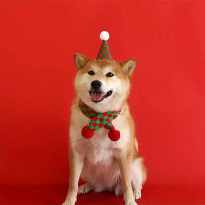 Pet Christmas Collar & Hat Set – Plaid Pattern with Pom-Pom