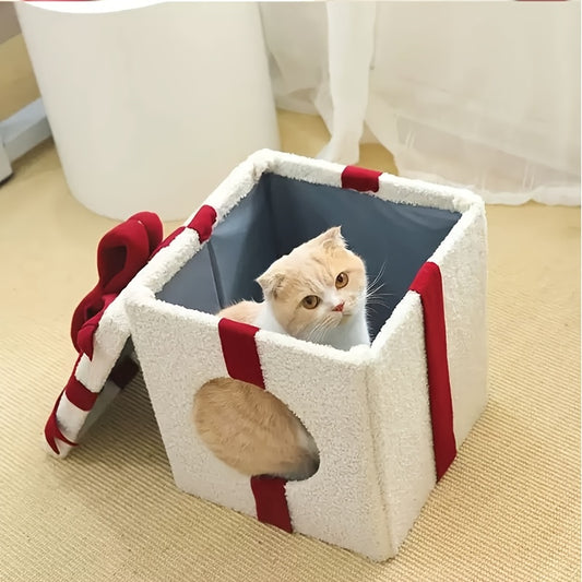 White Christmas Cat House – Cozy Gift Box Design, Easy Assembly