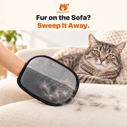 Pet hair remover mitt sweeping loose cat fur from a sofa
