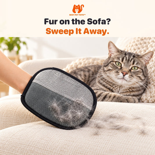 Pet hair remover mitt sweeping loose cat fur from a sofa