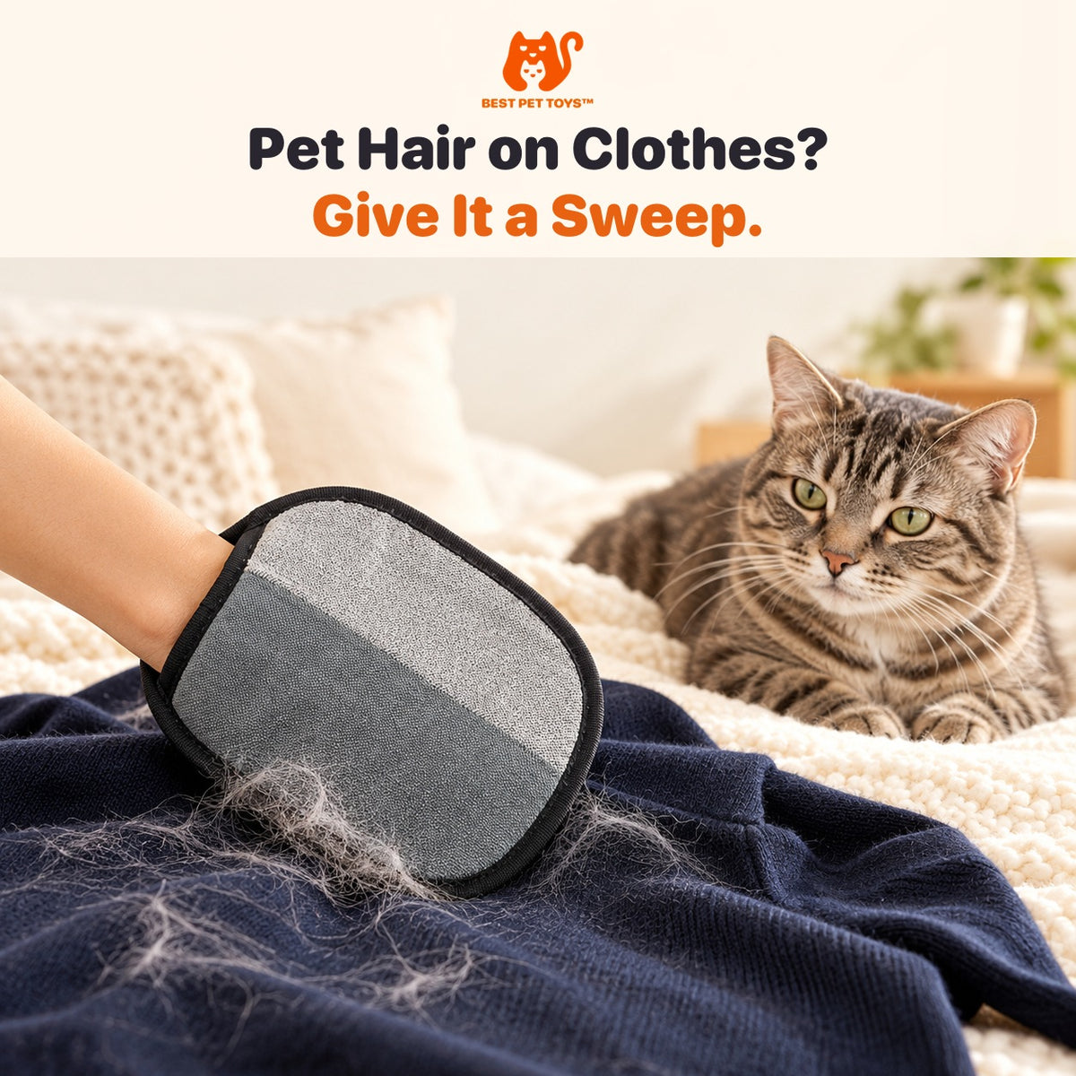 Pet hair remover mitt used on clothing fabric