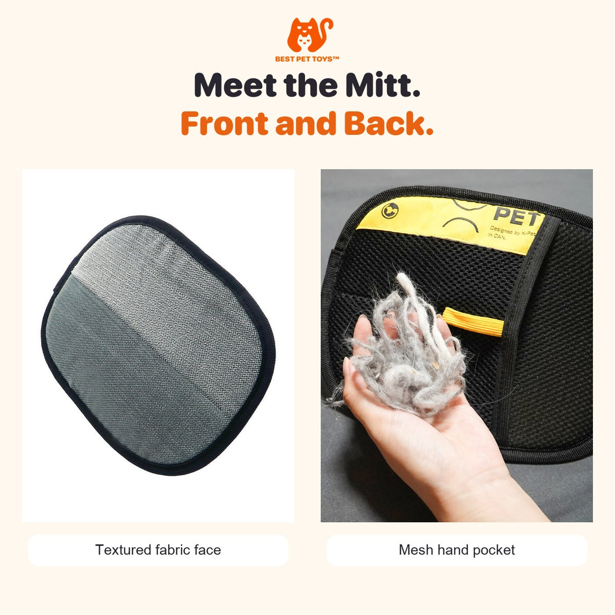 Front and mesh hand pocket of the gray and black pet hair remover mitt